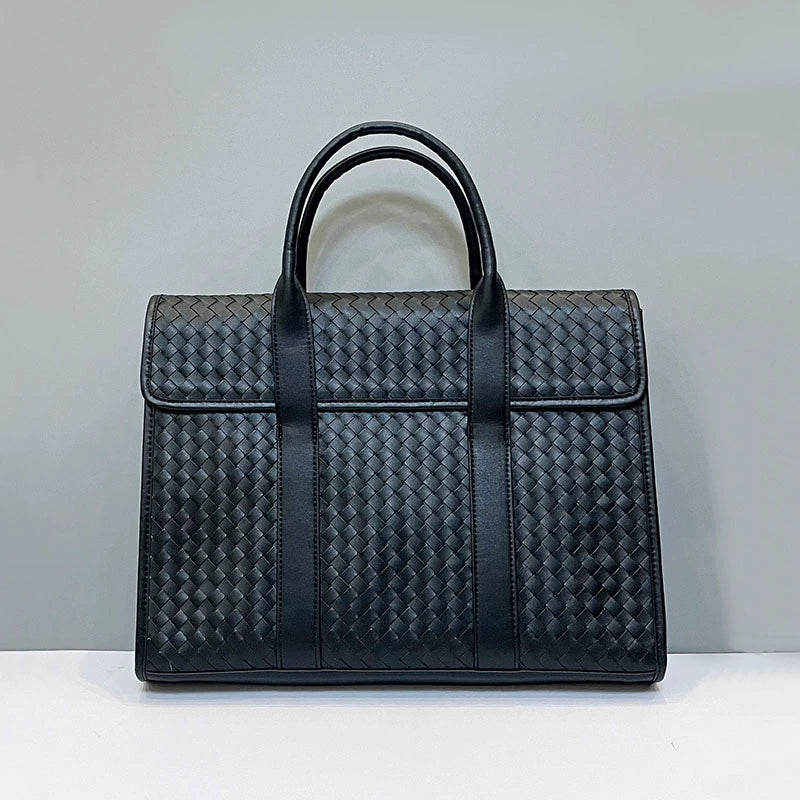 X&BV编织男包手提包真皮男士翻盖公文包牛皮大容量商务休闲电脑男