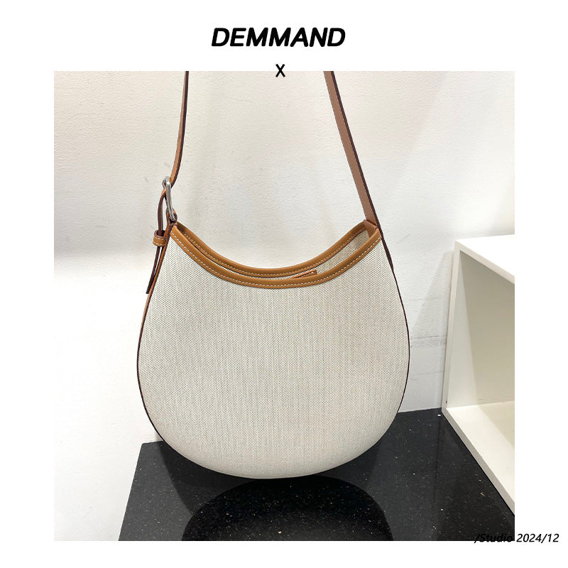 2024新款牛皮帆布包女单肩斜挎大容量马鞍包时尚简约通勤托特包