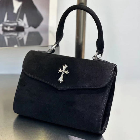 2024夏季新款小众十字架麂皮小方包牛皮手提斜挎包女时尚保龄球包