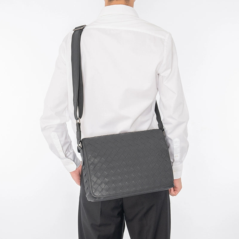 X&BV新款编织潮牌男士单肩包大容量真皮休闲横款翻盖商务斜挎包男