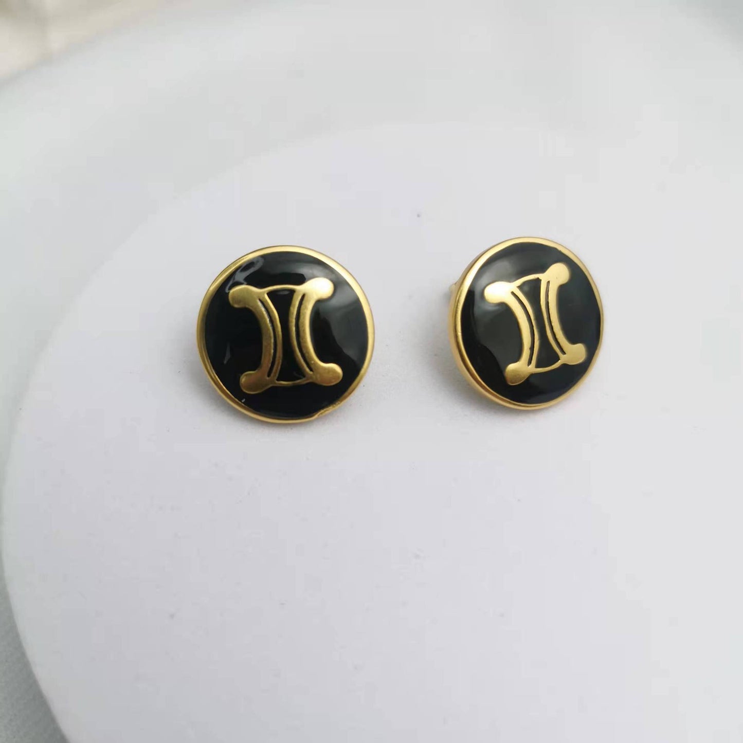 CEL家22新款圆形黑色凯旋门耳钉女高级感气质复古圆圈珐琅耳环