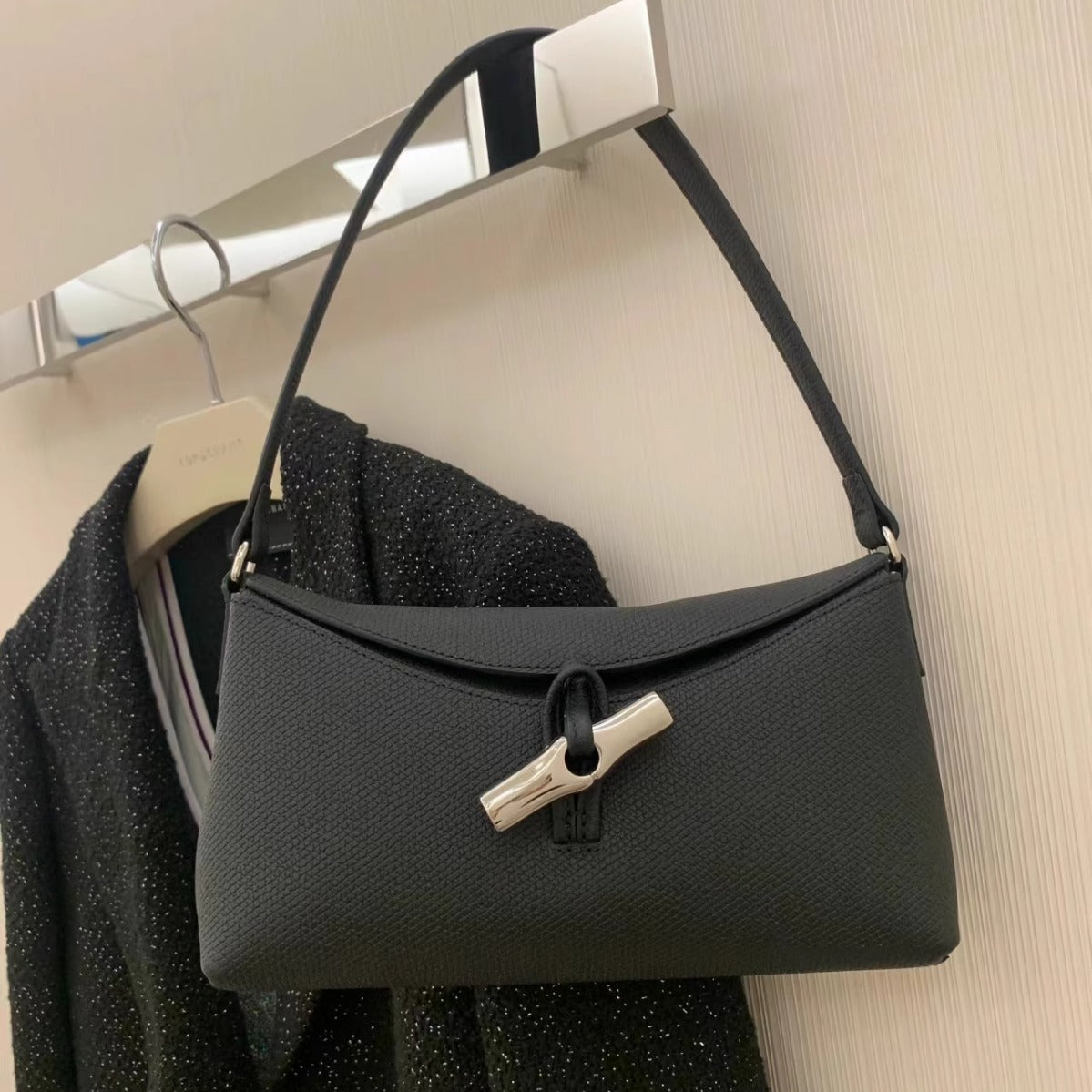 竹节腋下包竹节扣翻盖牛皮手提包时尚百搭hobo单肩包女 直播代发