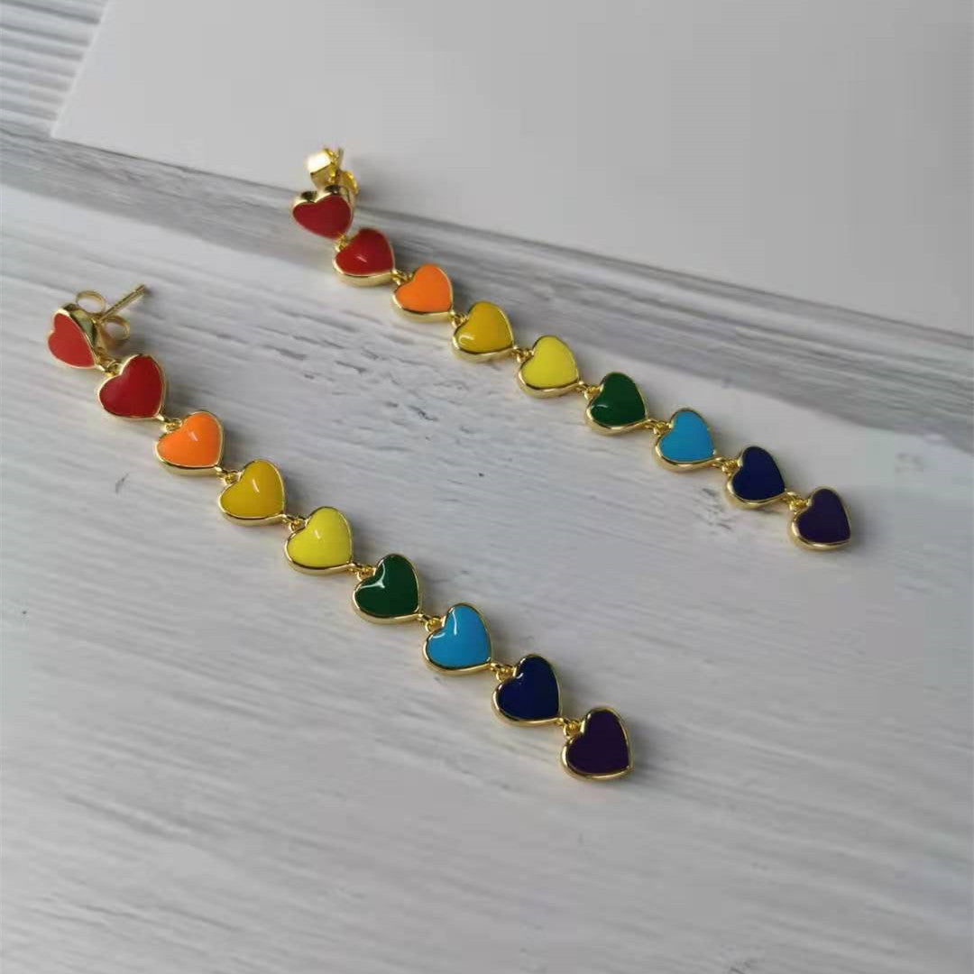 赛林新款桃心耳钉彩虹糖果色红色金珐琅耳坠滴釉渐变爱心气质耳环