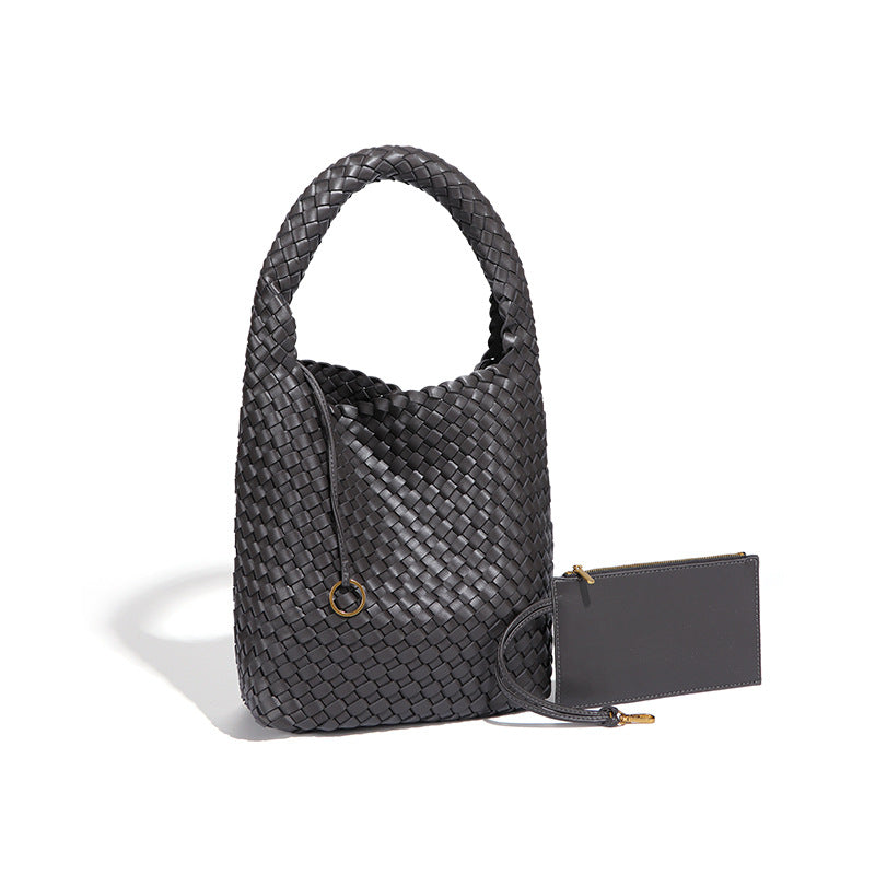 源头工厂定制LOGO贴标单肩腋下包时尚手工编织包大容量子母托特包