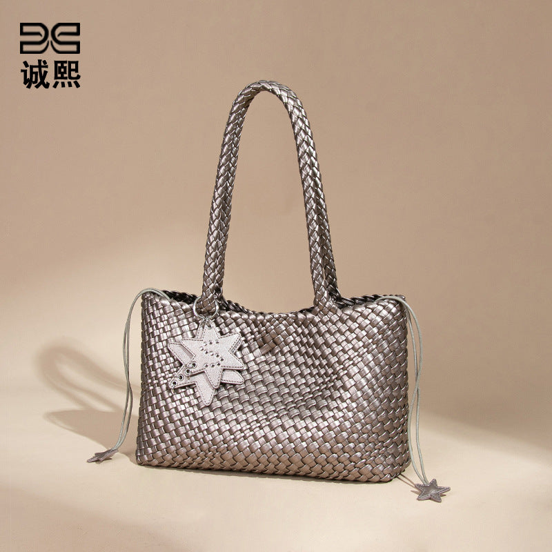 跨境新款枪枪手工编织女包潮流单肩腋下包质感休闲手拎子母托特包