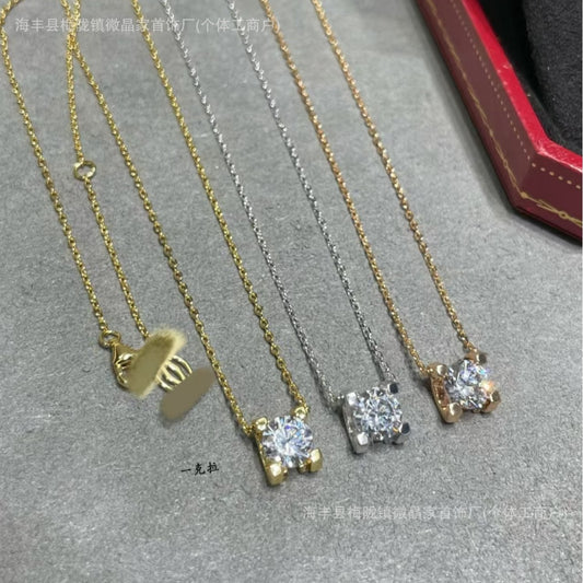 高版本卡家牛角单钻项链女精工CNC四爪镶钻石吊坠轻奢时尚锁骨链