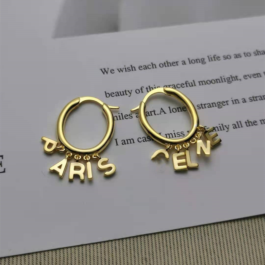 赛家2021新款logo字母耳环女高级感气质耳圈Celin风金色流苏耳扣