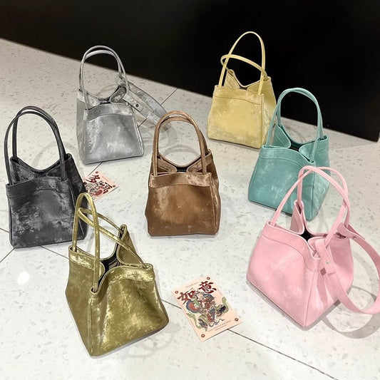 新中式国风晕染菜篮子包牛皮绸缎锦囊包手提包女单肩斜挎包水桶包