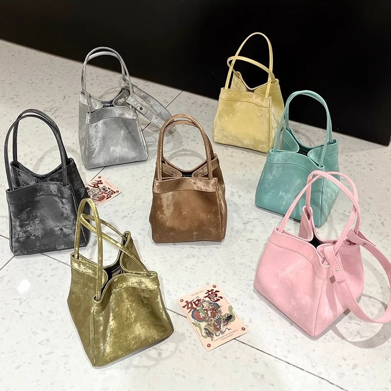 新中式国风晕染菜篮子包牛皮绸缎锦囊包手提包女单肩斜挎包水桶包