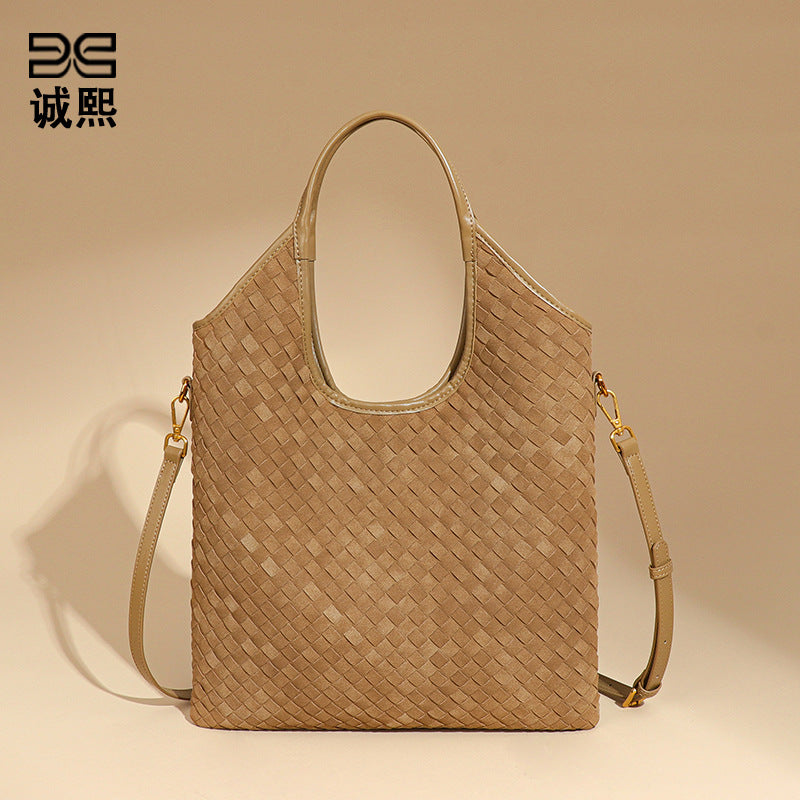 韩版时尚磨砂手提水桶包通勤大容量单肩腋下包新品麂皮绒托特女包