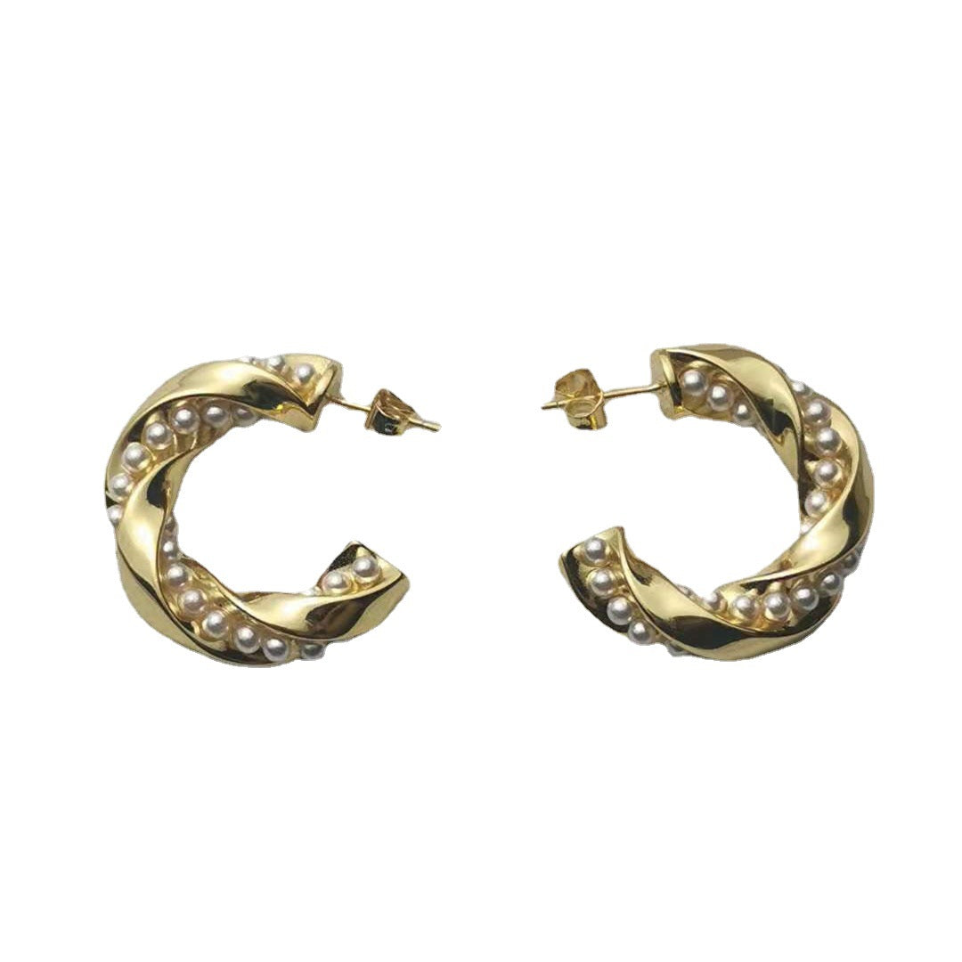 赛林新款珍珠C形耳环扭扭法式耳圈港风气质高级感耳饰不规则耳钉