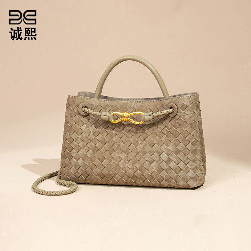 跨境新款手工编织包包横款磨砂麂皮绒手提女包复古潮流单肩斜跨包