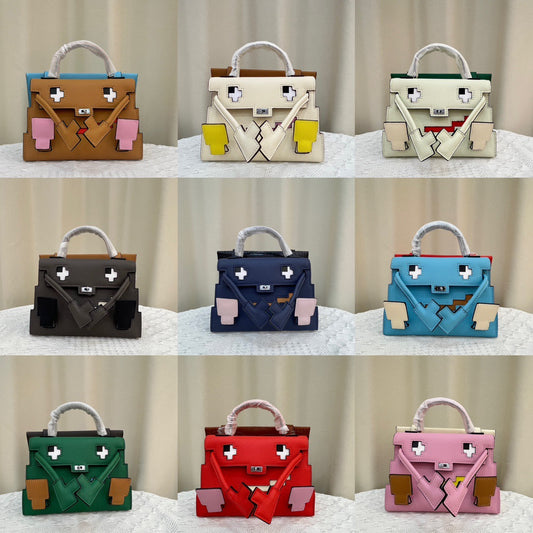 机器人凯莉包卡通笑脸包马赛克娃娃手提小方包单肩斜挎包一件代发