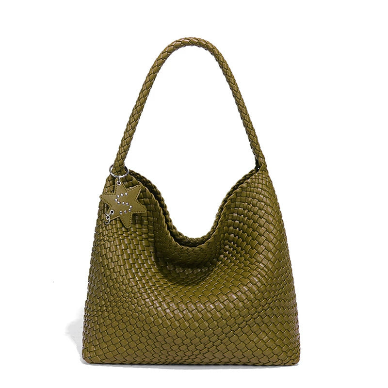 跨境新款拼色子母单肩托特女包大容量百搭腋下包全手工编织手提包