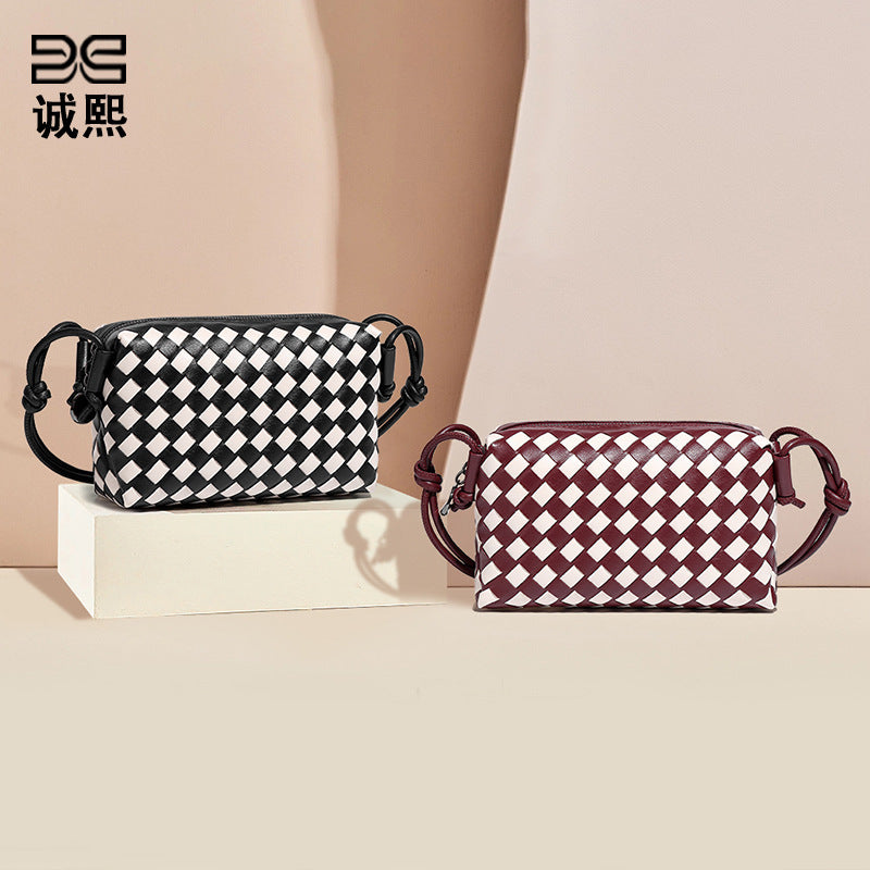 时尚跨境新品手工编织包包简约潮流单肩斜挎女包黑白棋盘格小方包