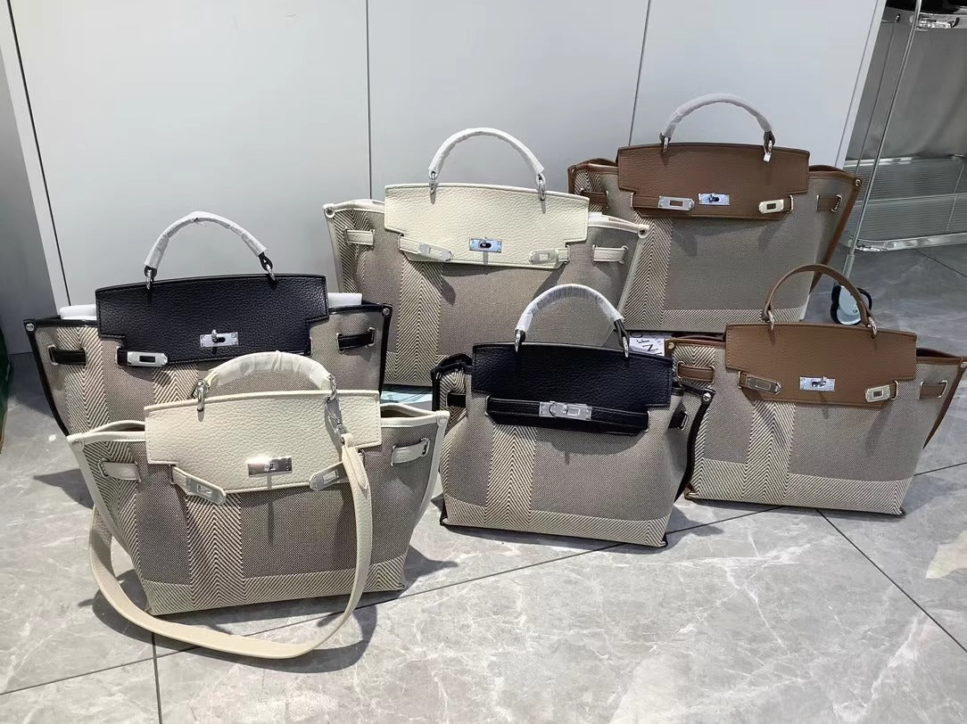 韩版高级感格纹配togo牛皮铂金包大容量女手提单肩通勤包一件代发