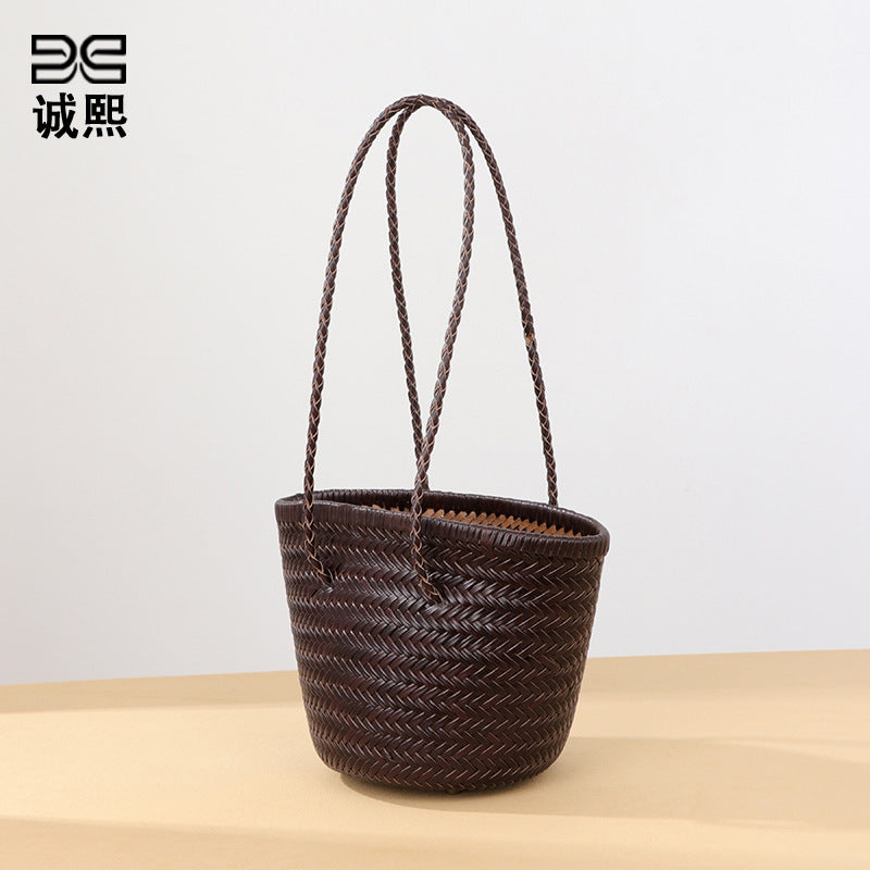 时尚百搭菜篮子牛皮真皮单肩女包新款潮编织包法式小众腋下子母包