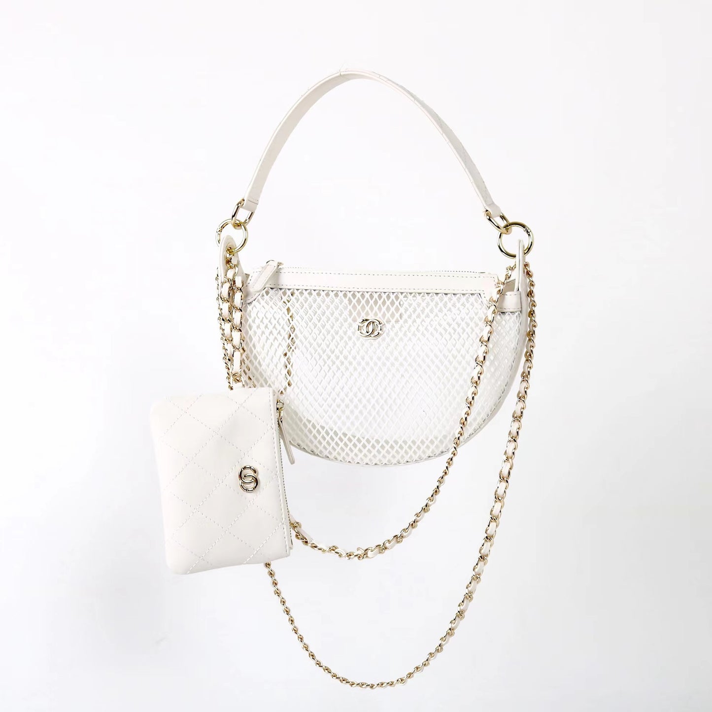 小香风25S编织镂空新月包高级感真皮单肩斜挎链条包手提DIY网纱包