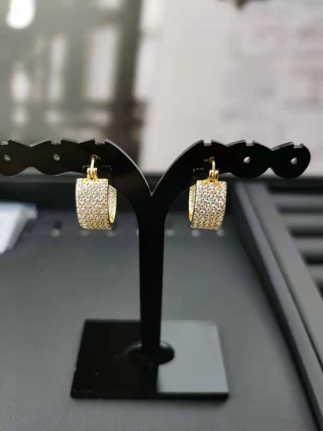 赛家法式新款复古金色满钻耳圈耳扣镶钻圆圈耳环时尚个性冷淡风