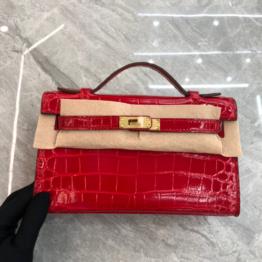 2024新款真皮女包鳄鱼纹牛皮凯莉手拿包晚宴包时尚单肩斜跨包