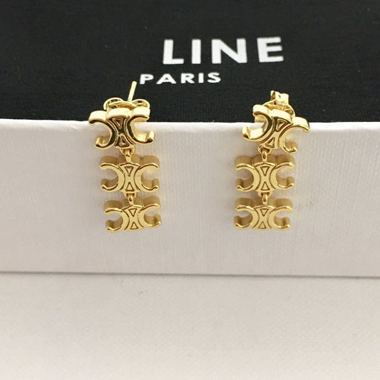 赛林22新款凯旋门吊坠耳钉女气质CEL风浮雕铜镀24K银针几何形耳环