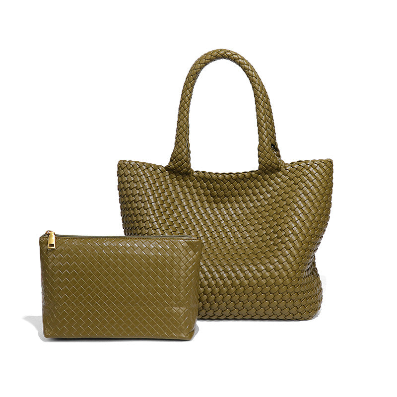 欧美复古大容量通勤手提包时尚简约手工编织包软皮百搭单肩子母包