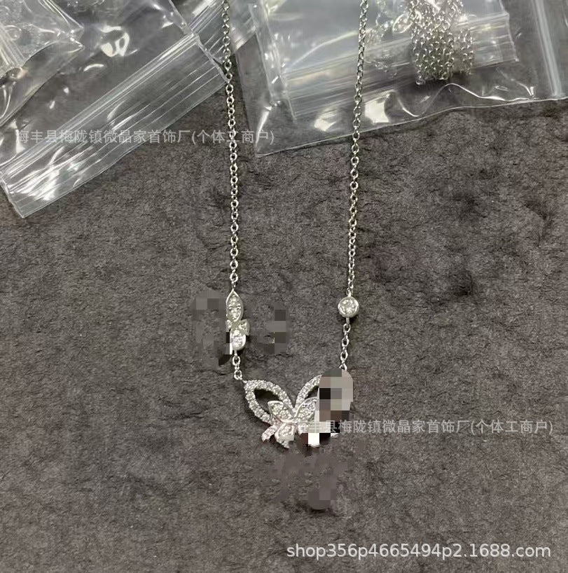 高版本格拉家幻影蝴蝶项链满钻双五蝴蝶粉钻925银镀18k玫瑰金V金