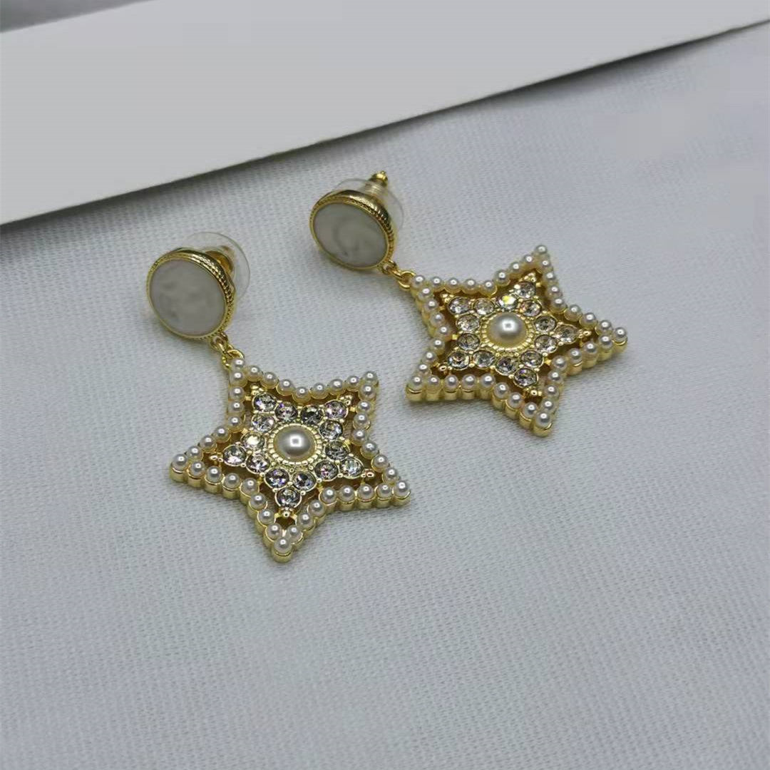 缪家21新款仿水晶珍珠五角星耳坠耳钉女高级感气质满钻星星形耳钉