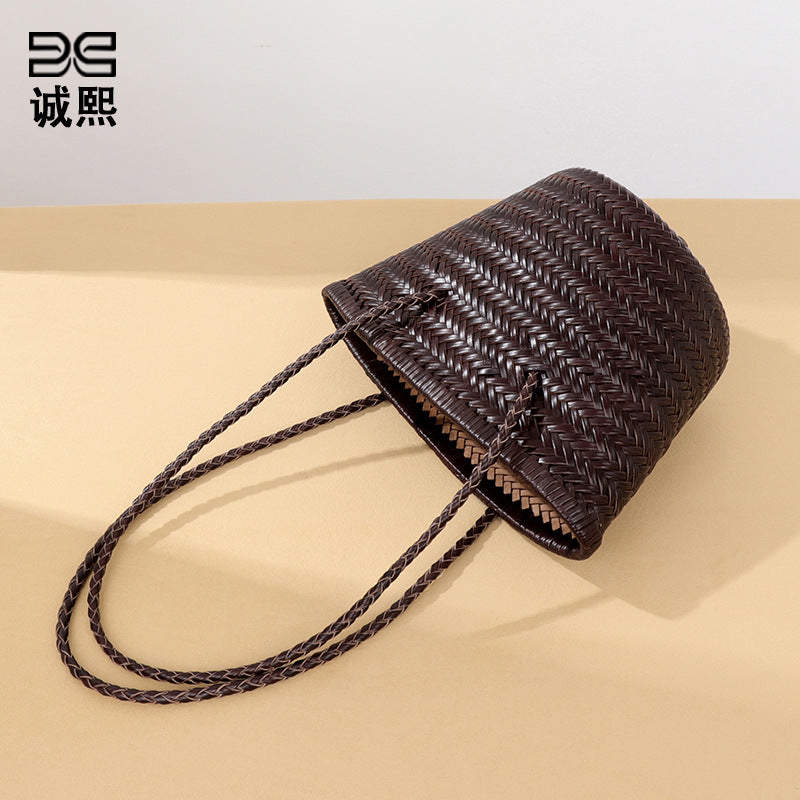 时尚百搭菜篮子牛皮真皮单肩女包新款潮编织包法式小众腋下子母包