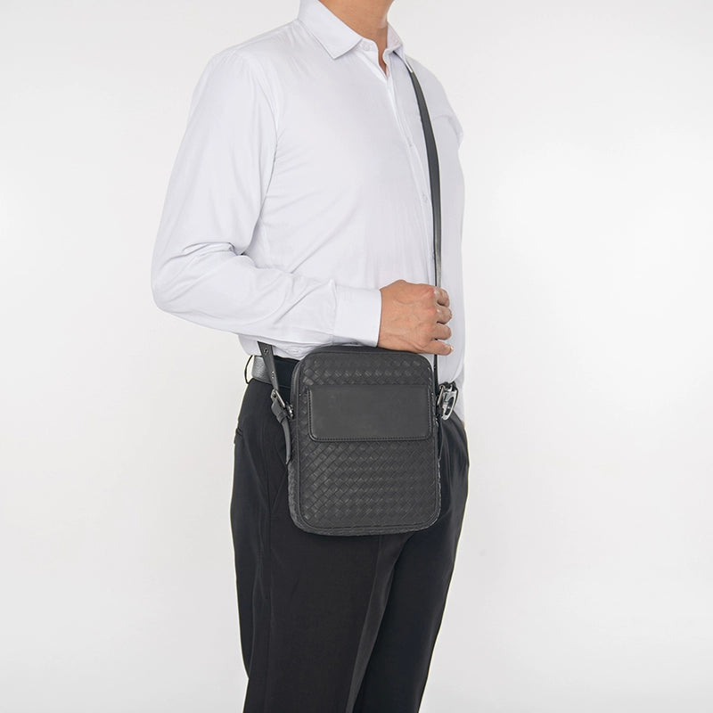 X&BV真皮男包单肩包新款编织竖版潮流商务休闲男士包包斜挎包背包