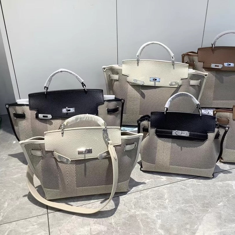 韩版高级感格纹配togo牛皮铂金包大容量女手提单肩通勤包一件代发