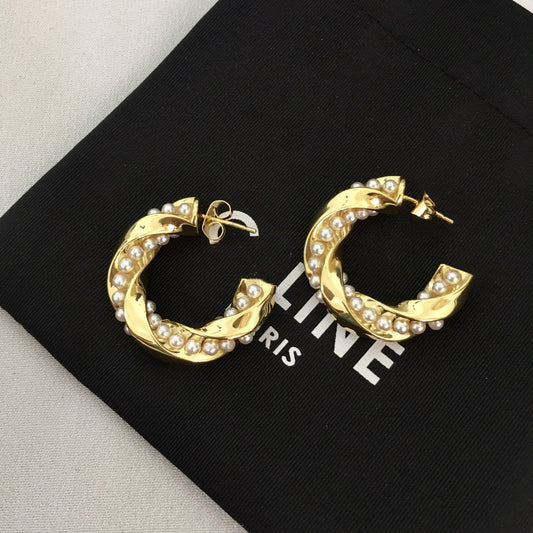 赛林新款珍珠C形耳环扭扭法式耳圈港风气质高级感耳饰不规则耳钉