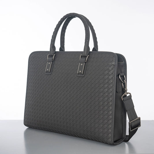 X&BV公文包男商务真皮手提包男士单肩斜挎包横款编织青年休闲包包