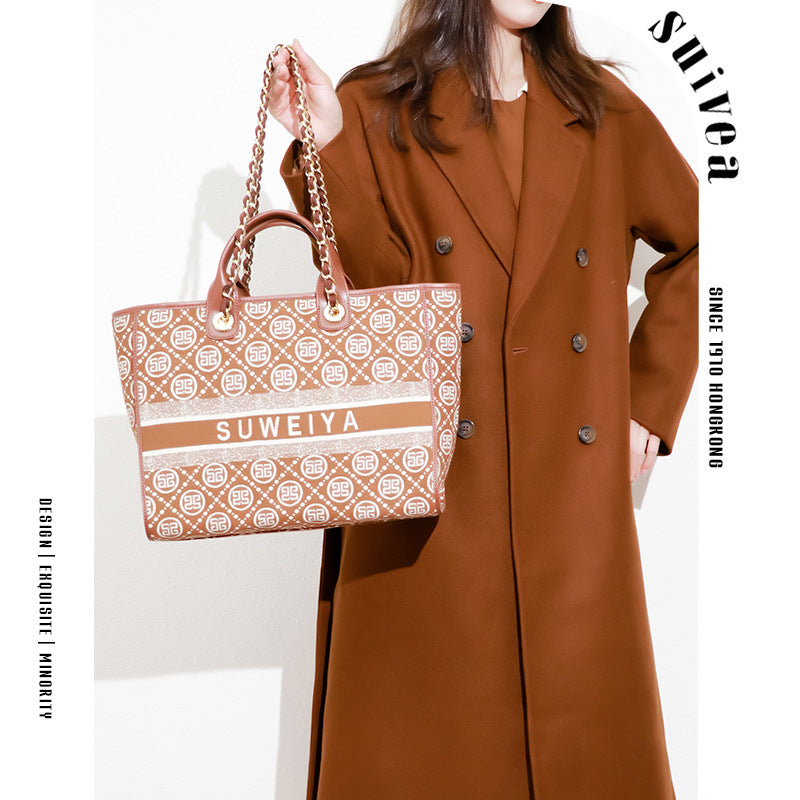 跨境女大容量手提包2023新款字母简约托特包复古棉麻休闲腋下包