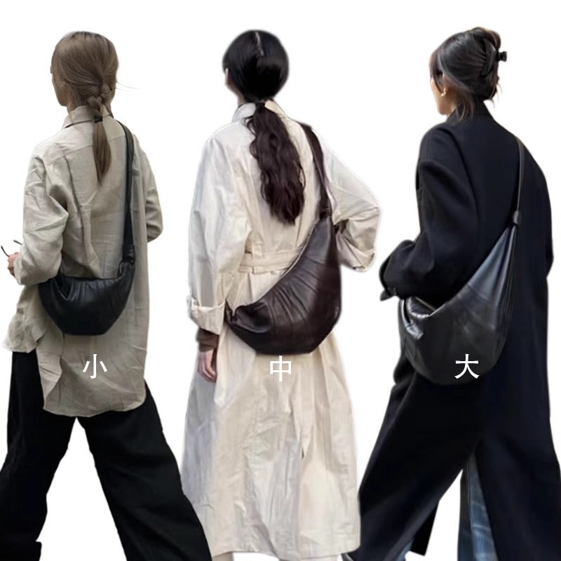 L家牛角包小众羊皮可颂包休闲饺子包真皮小号斜挎流浪胸包 批发