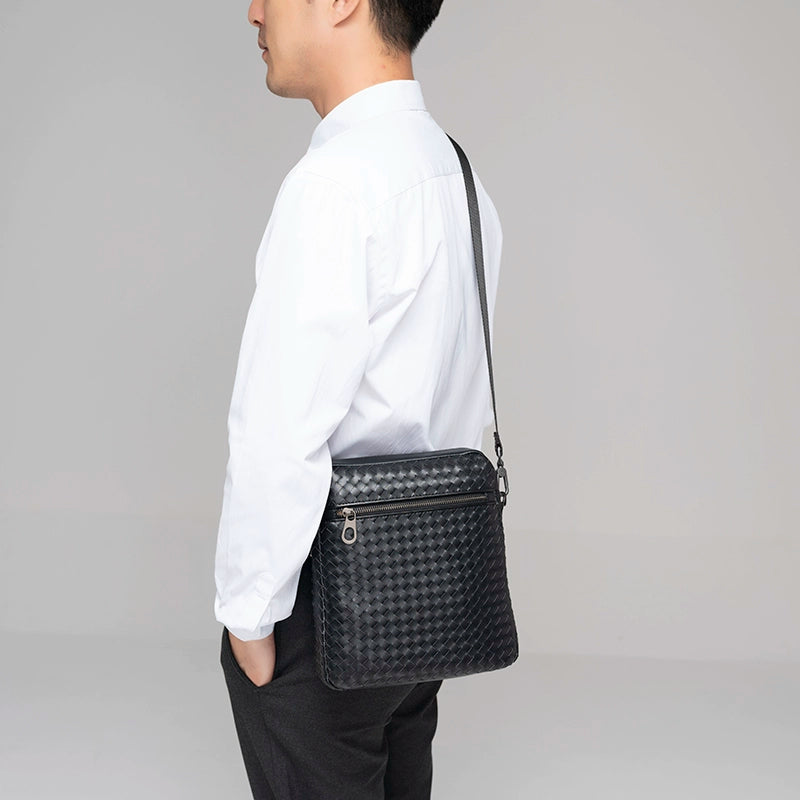 X&BV单肩包男真皮编织竖款时尚背包大容量休闲商务斜挎包男士包包