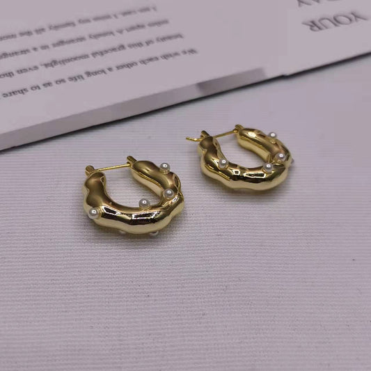 赛家21新款U形不规则耳环女珍珠光面高级感气质镀金几何形耳扣