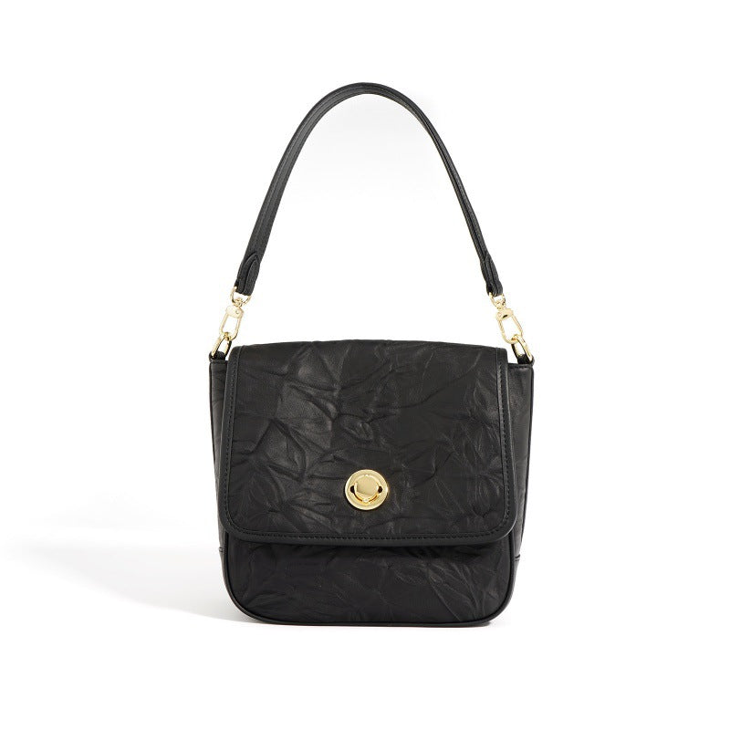 褶皱腋下邮差包 复古百搭单肩斜挎女包手抓纹牛皮托特包一件代发