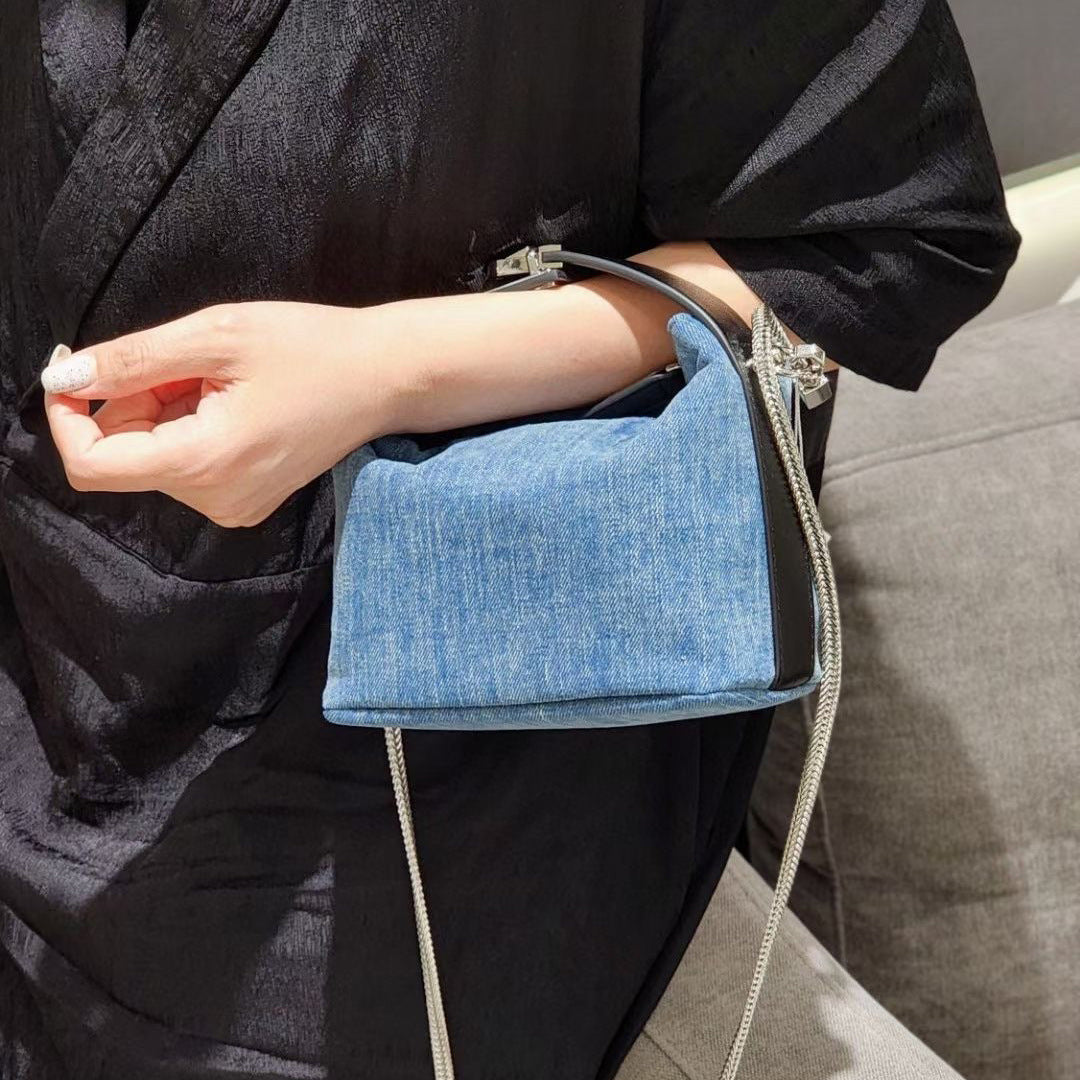 牛皮拼接牛仔布帆布手提饭盒包链条饺子包时尚百搭单肩斜挎小包女