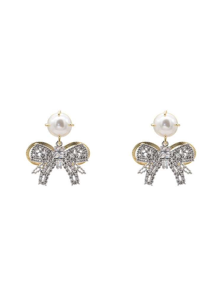 缪家新款珍珠大蝴蝶结耳环女闪钻复古夸张时尚气质珍珠蝴蝶结耳钉