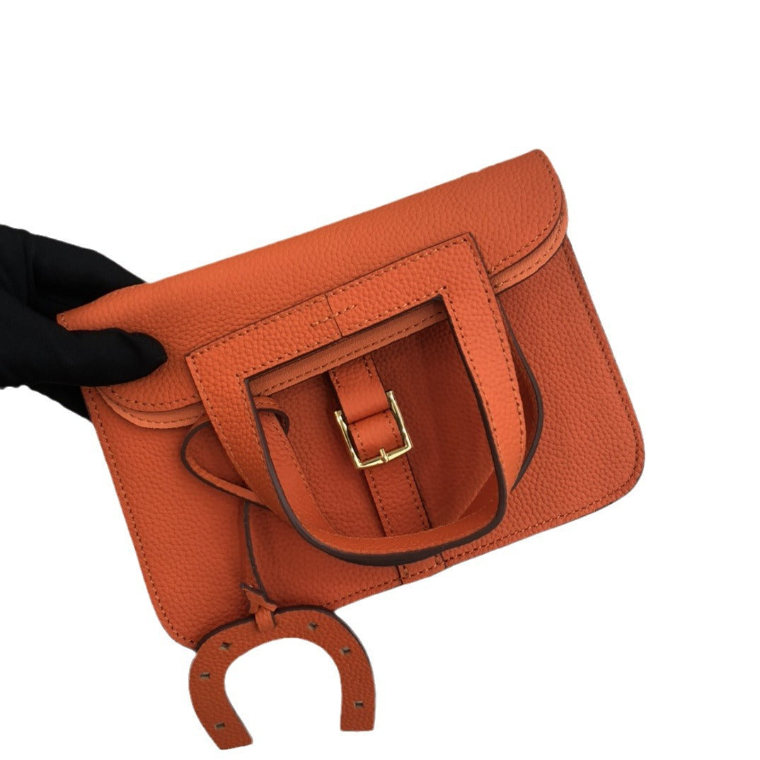 2024新马蹄包时尚单肩斜跨手提荔枝纹头层牛皮休闲真皮女包哈赞包