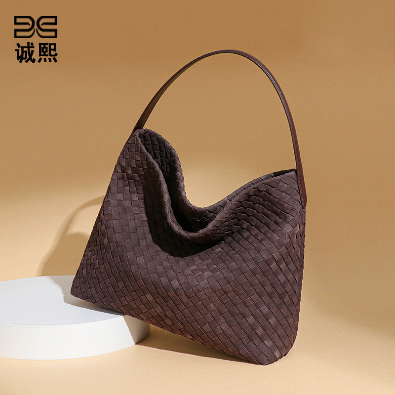 欧美大容量定制编织单肩女包时尚通勤托特腋下包复古磨砂料斜挎包