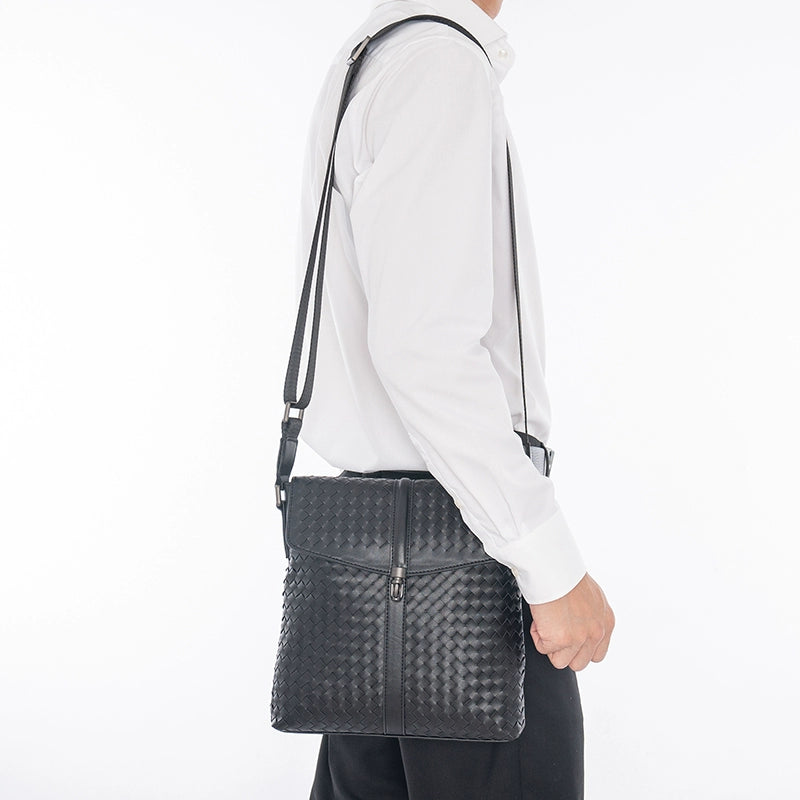 X&BV男单肩包真皮编织翻盖商务休闲男士竖款时尚小背包男士斜挎包