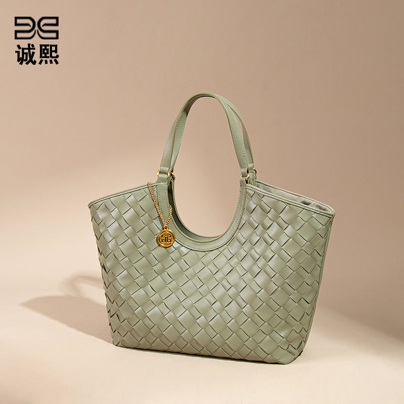 简约大容量通勤菜篮子手拎女包手工编织包休闲百搭纯色子母托特包