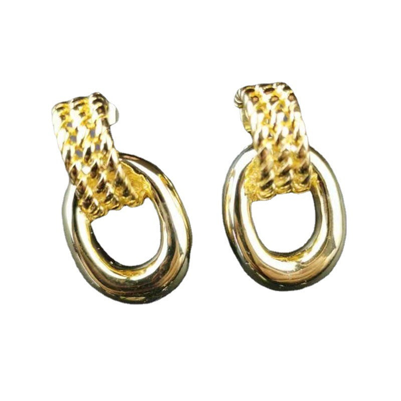 赛家新款耳环马蹄扣中古高级感半圆形椭圆金属耳圈链条编织耳钉