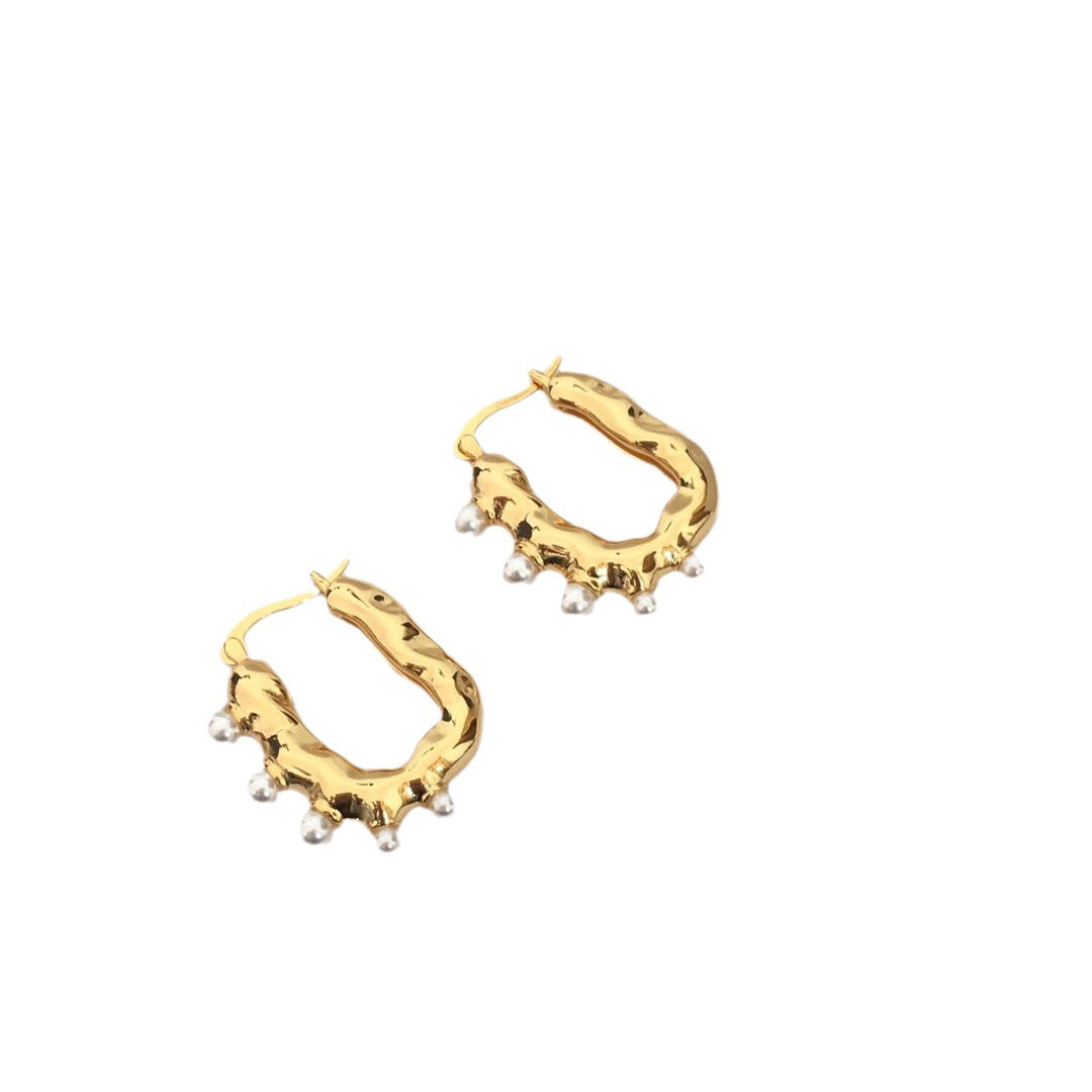 赛林家新款U形珍珠耳环女高级感个性气质黄铜镀金港风CEL风耳扣