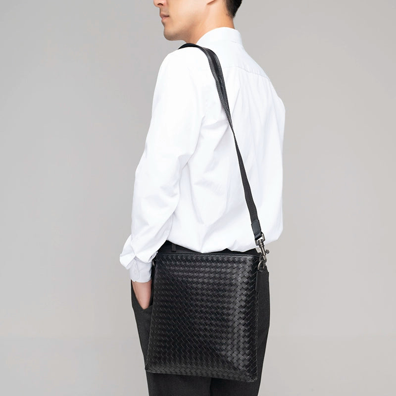 X&BV真皮男包时尚单肩包潮牌韩版竖款编织新款休闲斜跨包男小背包