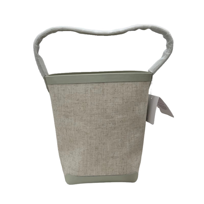 TR高定时尚休闲棉麻拼皮Tote水桶包简约大容量帆布包单肩托特包女