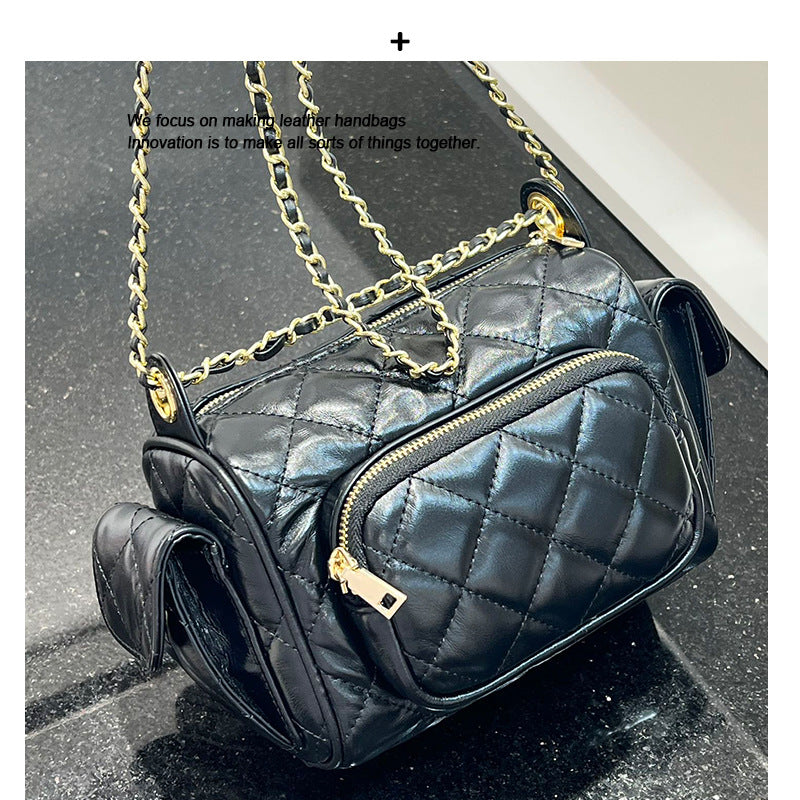 24k小香风菱格链条多口袋相机包羊皮单肩斜挎女包保龄球包炸药包