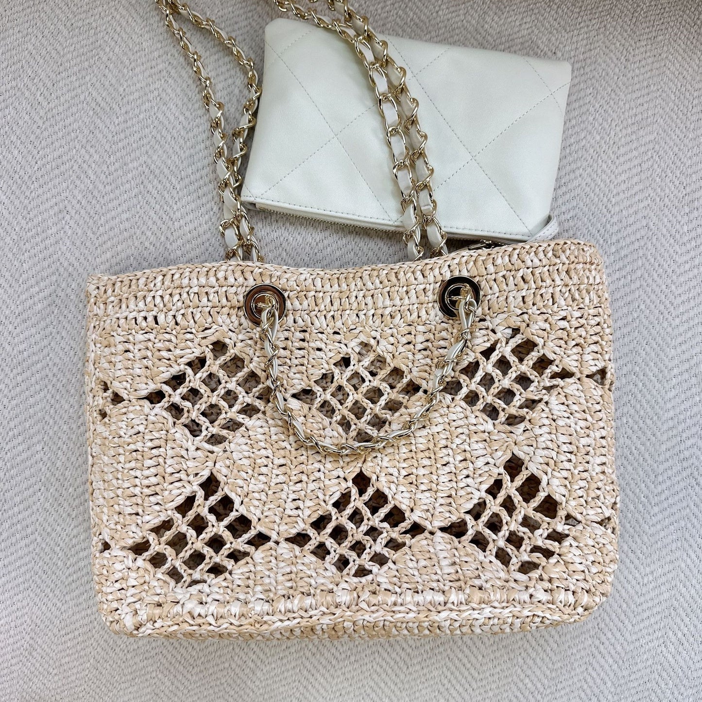 网格拉菲草编织包夏日多巴胺海边沙滩包森系菱格镂空包链条托特包